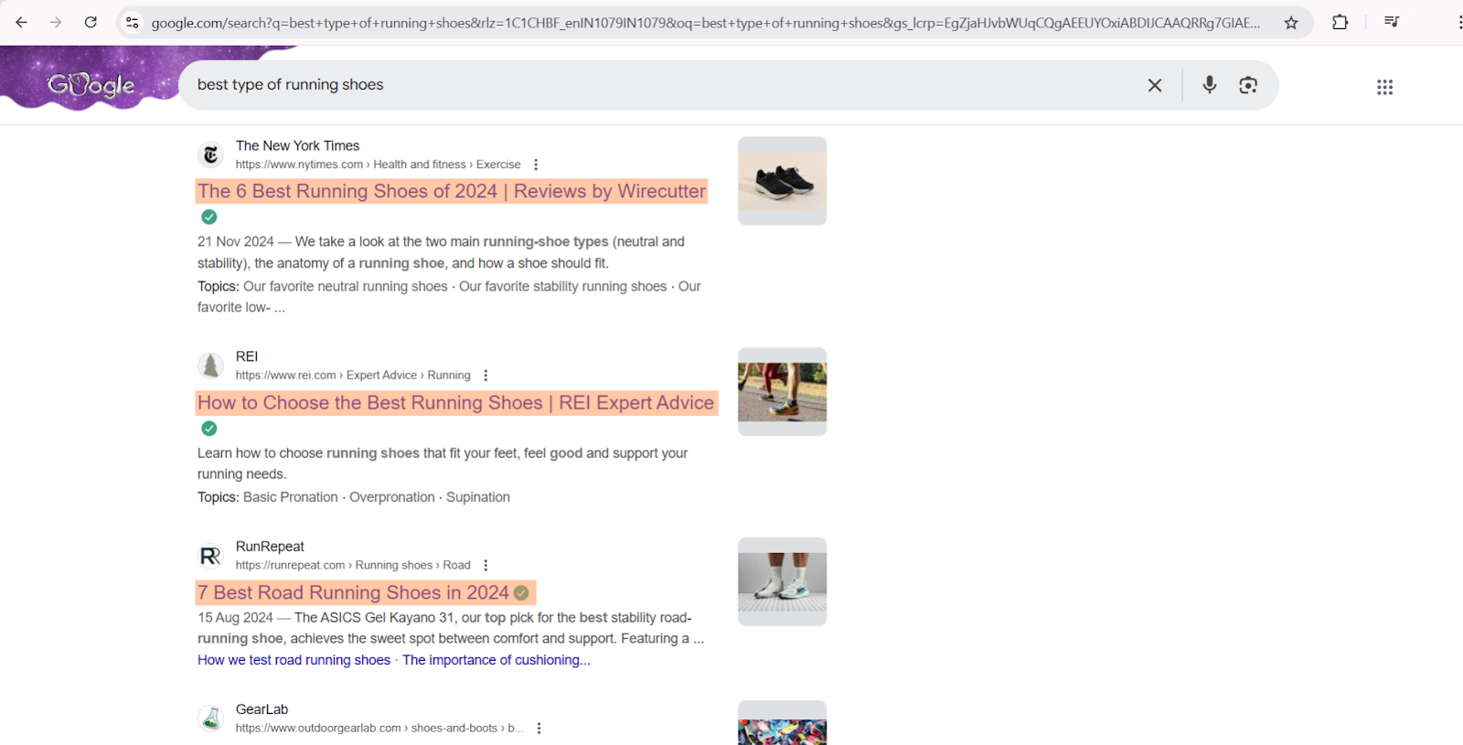  A screenshot of a Google search results page for 'best type of running shoes.' The top result is from The New York Times titled 'The 6 Best Running Shoes of 2024 | Reviews by Wirecutter,' followed by a result from REI titled 'How to Choose the Best Running Shoes | REI Expert Advice.' The third result is from RunRepeat titled '7 Best Road Running Shoes in 2024,' and the fourth result is from GearLab. Each result includes a brief description and a small image related to running shoes.