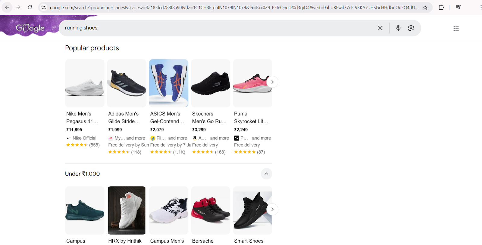  Screenshot of a Google search results page for 'running shoes.' The page displays popular products and shoes under ₹1,000. Popular products include Nike Men's Pegasus 41 priced at ₹11,895, Adidas Men's Glide Stride priced at ₹1,999, ASICS Men's Gel-Contend priced at ₹2,079, Skechers Men's Go Run priced at ₹3,299, and Puma Skyrocket Lite priced at ₹2,249. Shoes under ₹1,000 include brands like Campus, HRX by Hrithik, Campus Men's, Bersache, and Smart Shoes.