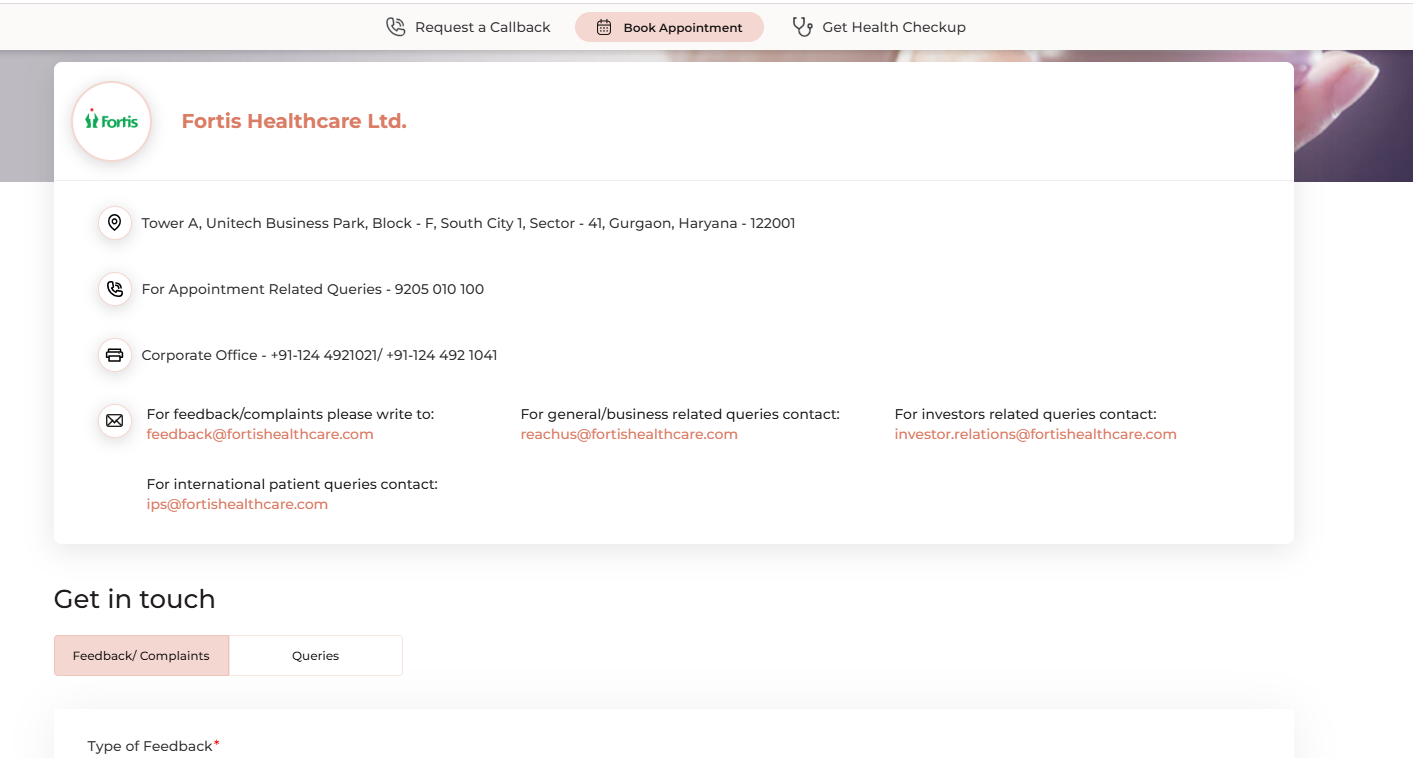 Healthcare Contact Us page Example